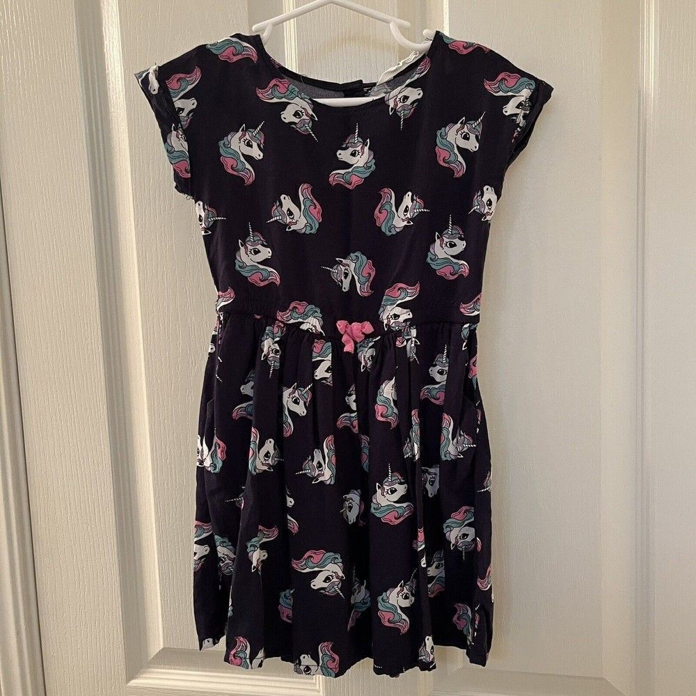 H&M Unicorn Dress Navy Blue Pockets Girls Size 4-5 years